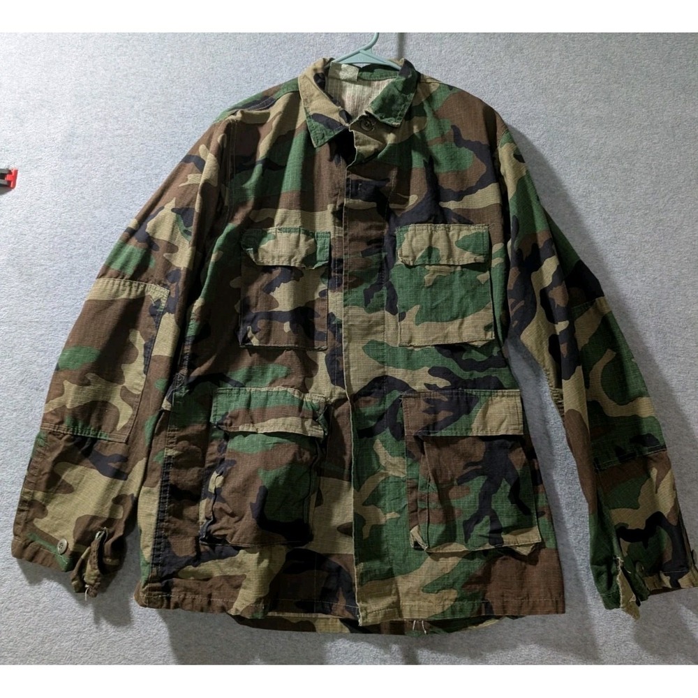Vintage US Army Woodland Camo BDU‎ Jacket Medium Long Ripstop Military Coat 90s